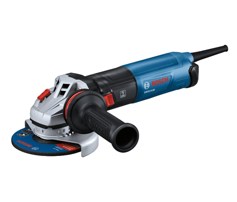 A studio product view of the Bosch GWS14-50-RT angle grinder, showcasing its ergonomic blue and black body, adjustable safety guard, and anti-vibration side handle.