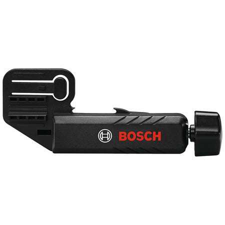 Studio shot of the included black plastic mounting bracket, showing the Bosch logo and the tightening knob on the right side