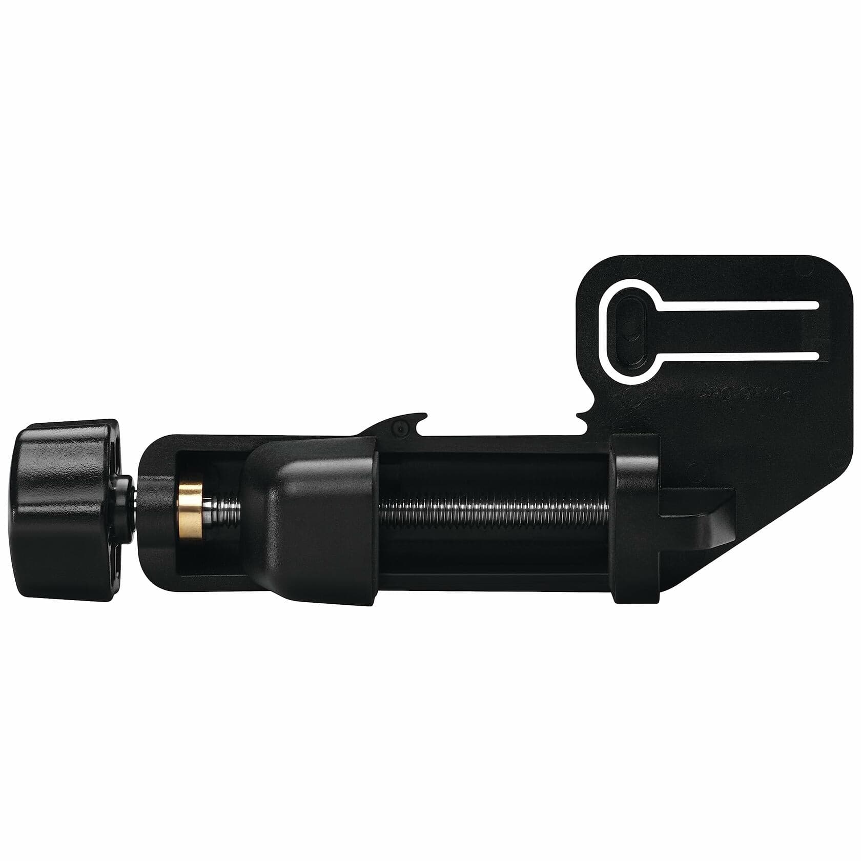 Close-up internal view of the black plastic mounting bracket showing the threaded rod and tightening knob used to secure the laser receiver to a grade rod or pole