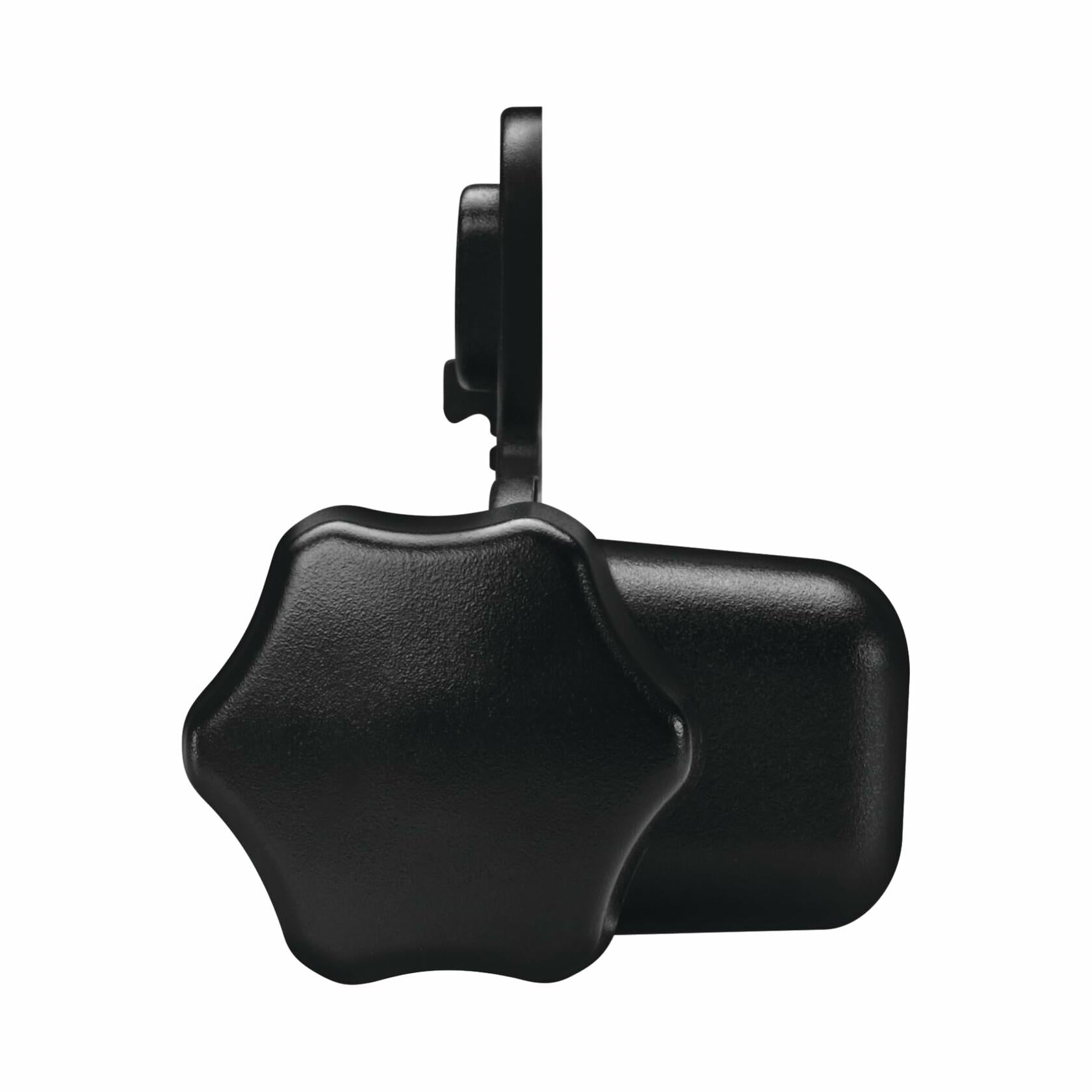 Close-up side view of the large, black star-shaped tightening knob used on the mounting bracket to secure the laser receiver to a grade rod or pole