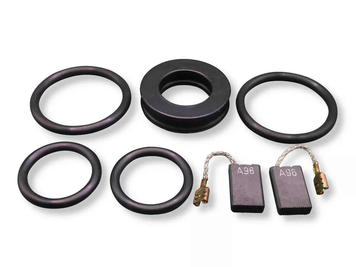 A set of black rubber O-rings and two small rectangular carbon brushes with wire leads, shown on a plain white background.