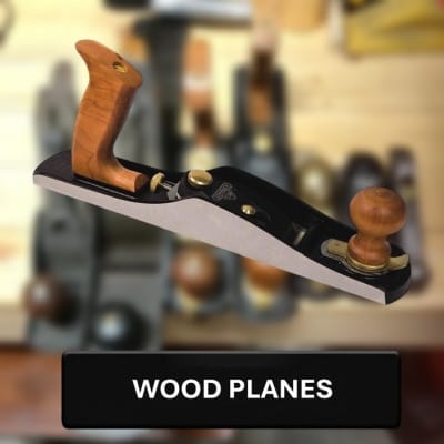 Wood plane tool with a blurred workshop background