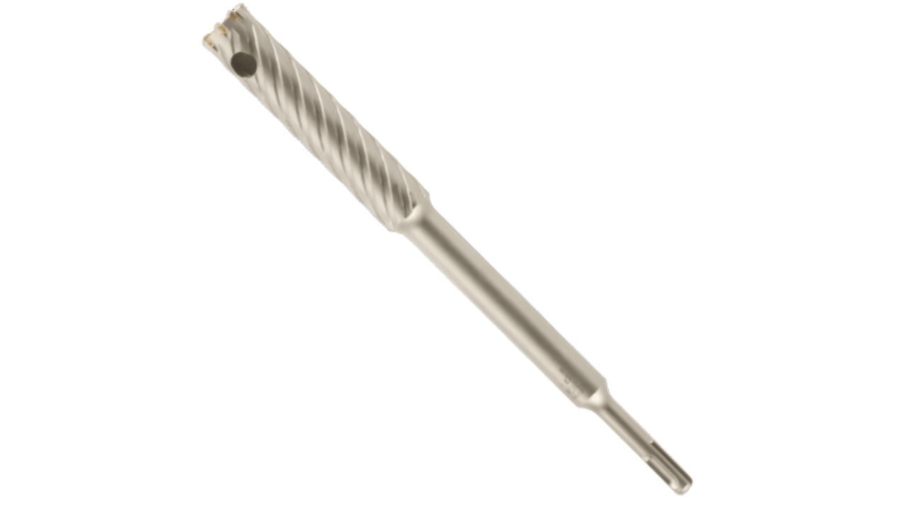 This image displays a sturdy, short drill bit, predominantly silver-gray, with the top half featuring pronounced spiral flutes and a dark, circular hole. The lower half is a smooth, cylindrical shaft that tapers slightly to a four-grooved shank at the end.