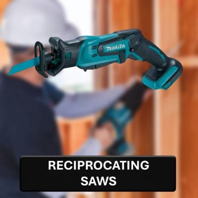 Makita reciprocating saw with a blurred background of a person using it.