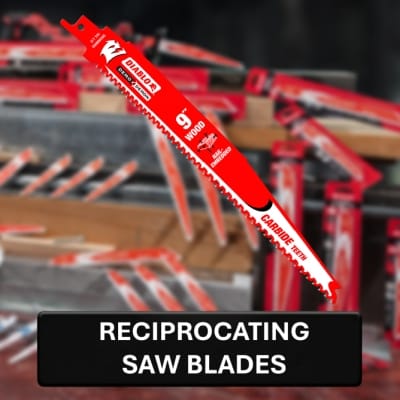 Reciprocating saw blades with a brand logo on a blurred background of tools.