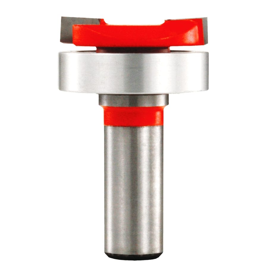 A high-resolution studio photograph of the Freud 16-522 mortising router bit, featuring a bright red head with sharp carbide cutting edges, a large silver ball bearing mounted on the shank, and a polished 1/2-inch steel shank.