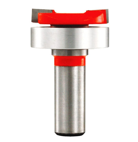 A high-resolution studio photograph of the Freud 16-522 mortising router bit, featuring a bright red head with sharp carbide cutting edges, a large silver ball bearing mounted on the shank, and a polished 1/2-inch steel shank.