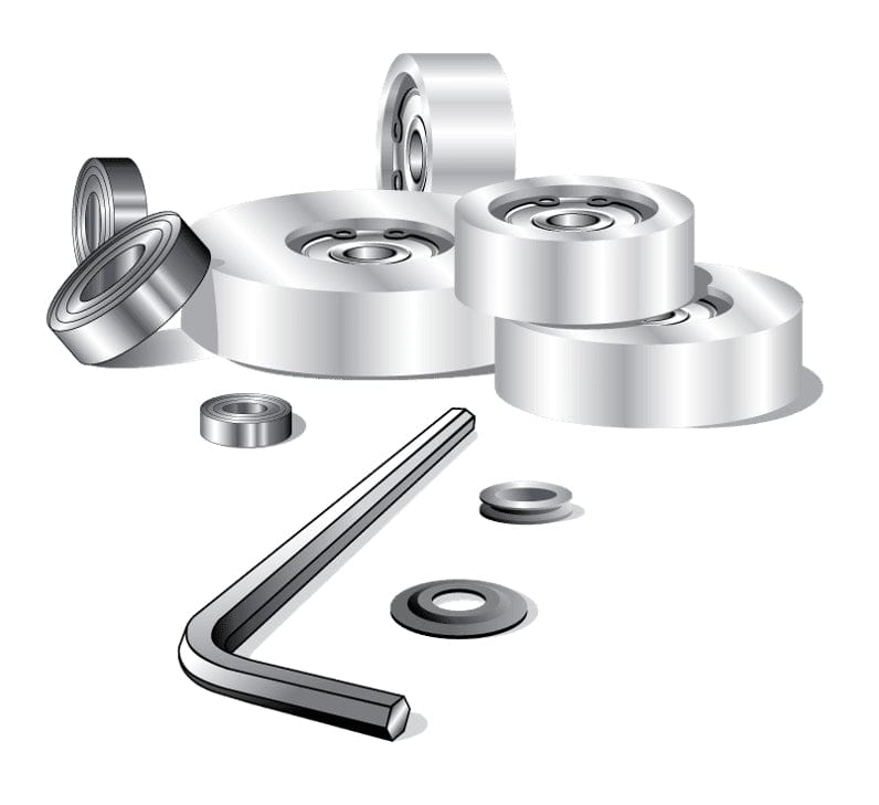 A technical illustration of the accessories included in the Freud 32-522 set, featuring several polished steel ball bearings, specialized step washers, and a black hex key wrench for making bearing changes.