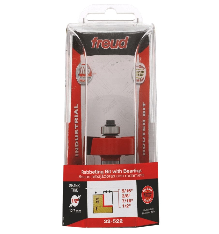 The retail packaging for the Freud 32-522 multi-rabbet set, showcasing the Industrial Router Bit branding and listing the four available cutting depths: 5/16 inch, 3/8 inch, 7/16 inch, and 1/2 inch.