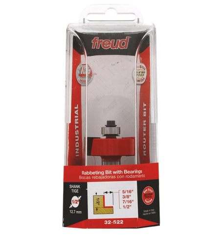 The retail packaging for the Freud 32-522 multi-rabbet set, showcasing the Industrial Router Bit branding and listing the four available cutting depths: 5/16 inch, 3/8 inch, 7/16 inch, and 1/2 inch.