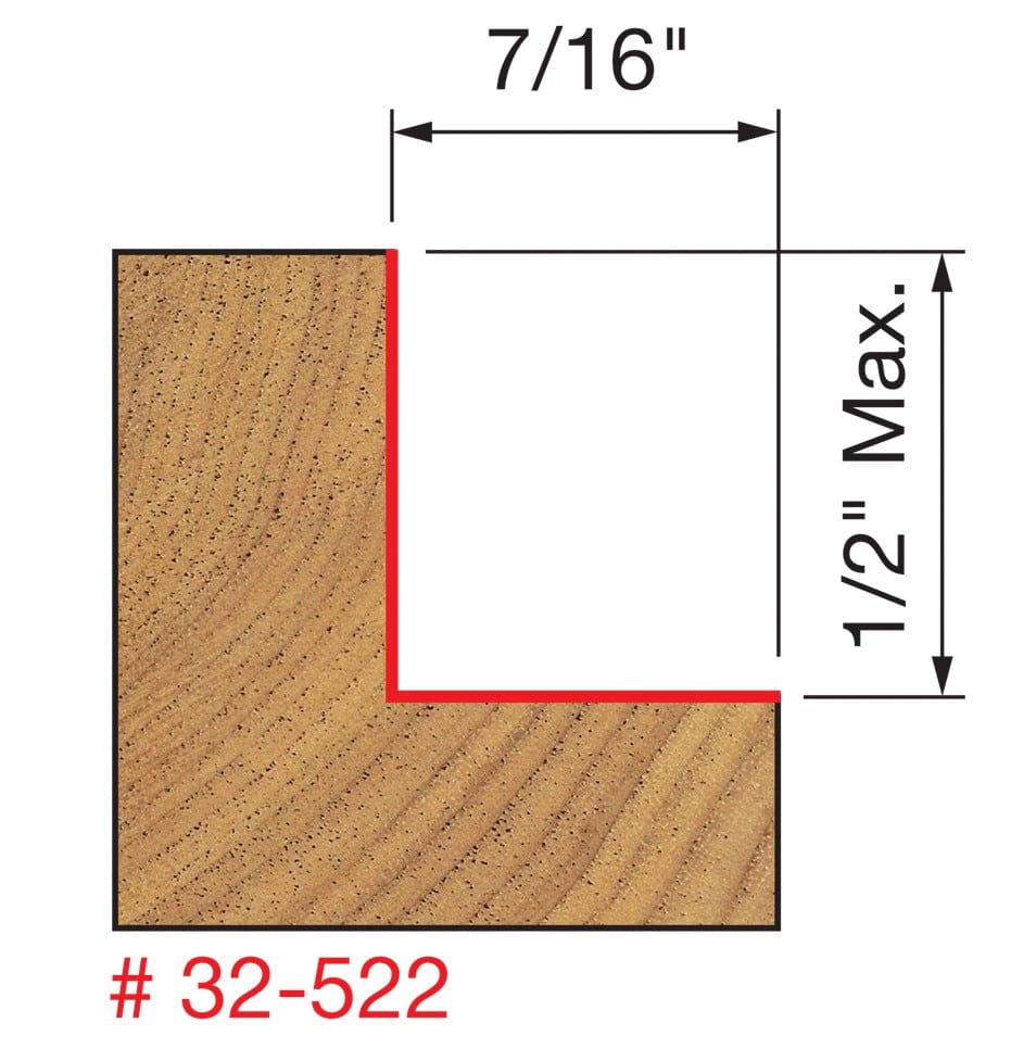 A technical diagram for the Freud 32-522 bit illustrating a wood cross-section with a red path indicating a precise 7/16-inch deep rabbet cut that is up to 1/2-inch high.