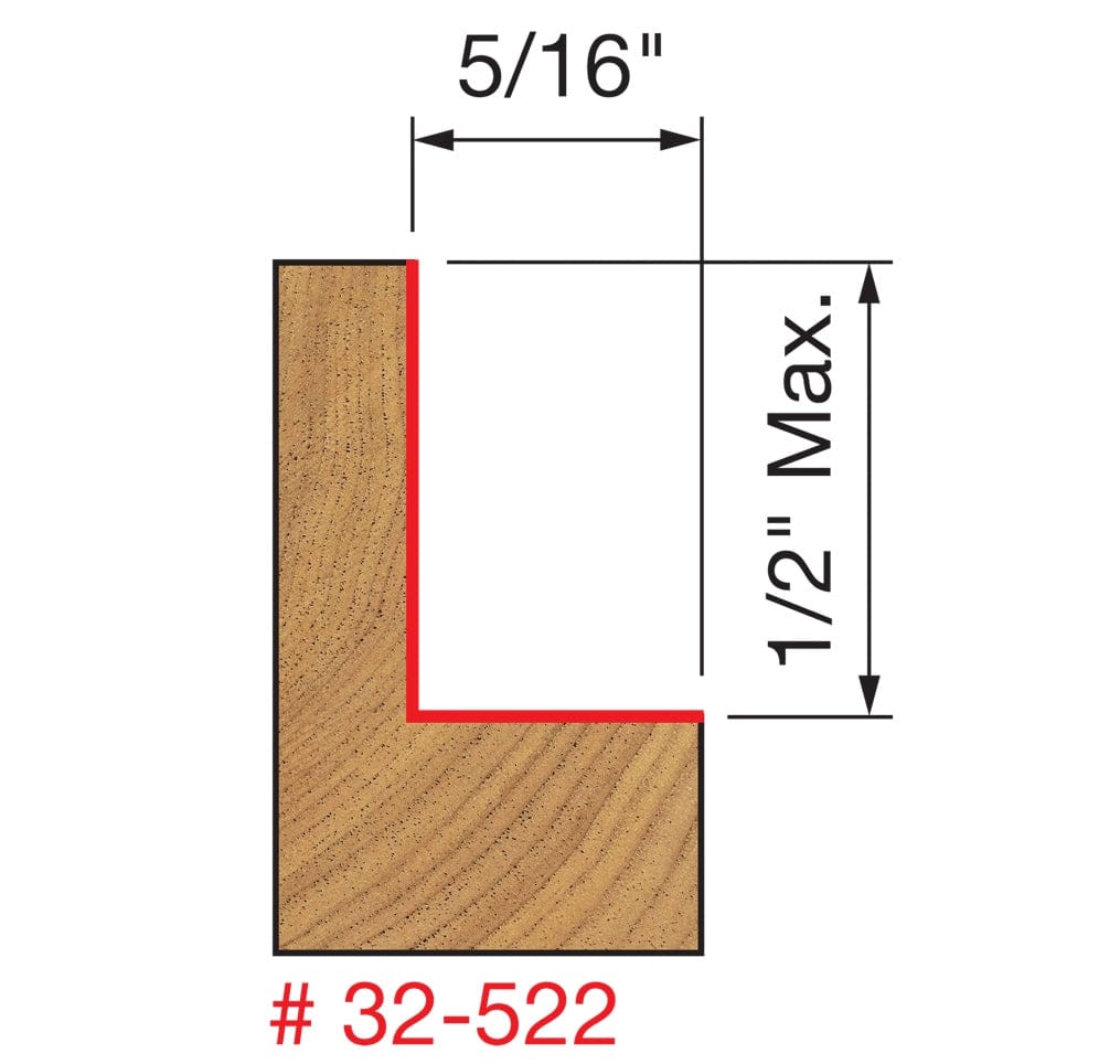 A technical diagram for the Freud 32-522 bit illustrating a wood cross-section with a red path indicating a precise 5/16-inch deep rabbet cut that is up to 1/2-inch high.