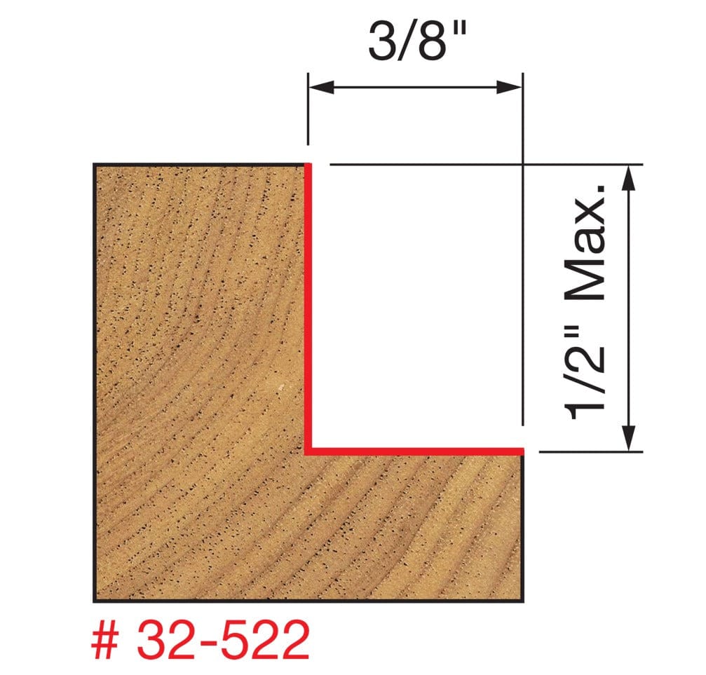 A technical diagram for the Freud 32-522 bit illustrating a wood cross-section with a red path indicating a precise 3/8-inch deep rabbet cut that is up to 1/2-inch high.