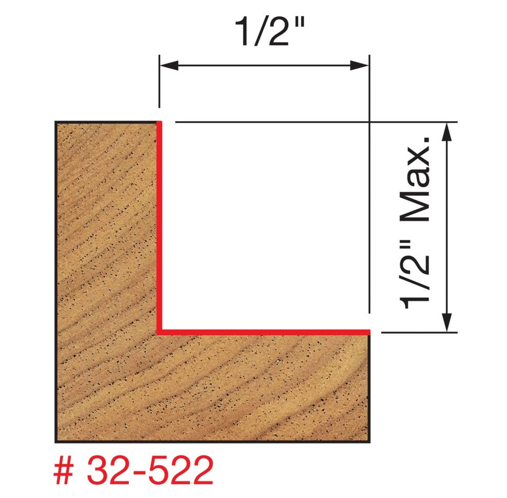 A technical diagram for the Freud 32-522 bit illustrating a wood cross-section with a red path indicating a precise 1/2-inch deep rabbet cut that is up to 1/2-inch high.