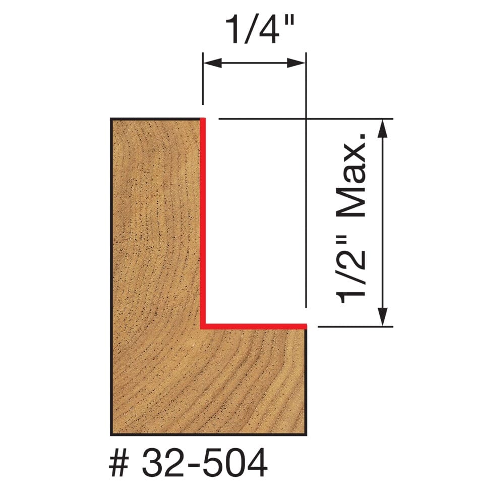 A technical diagram for the Freud 32-522 bit illustrating a wood cross-section with a red path indicating a precise 1/4-inch deep rabbet cut that is up to 1/2-inch high.