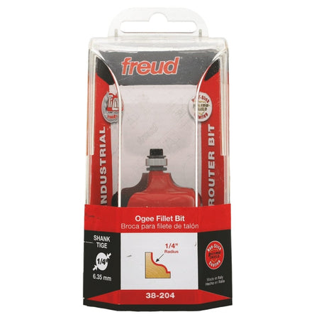 Retail packaging for the Freud 38-204 Industrial Router Bit, displaying the bit inside a plastic case with text indicating an Ogee Fillet profile, 1/4 inch radius, and 1/4 inch shank.