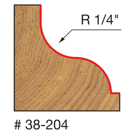 Technical diagram illustrating the Ogee and Fillet profile cut made by the Freud 38-204 bit into a wood edge, specifying a 1/4 inch radius.