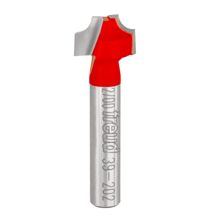 Studio shot of the Freud 39-202 Ovolo Groove router bit featuring a red Perma-SHIELD body, two carbide cutters, and 1/4 inch silver shank.