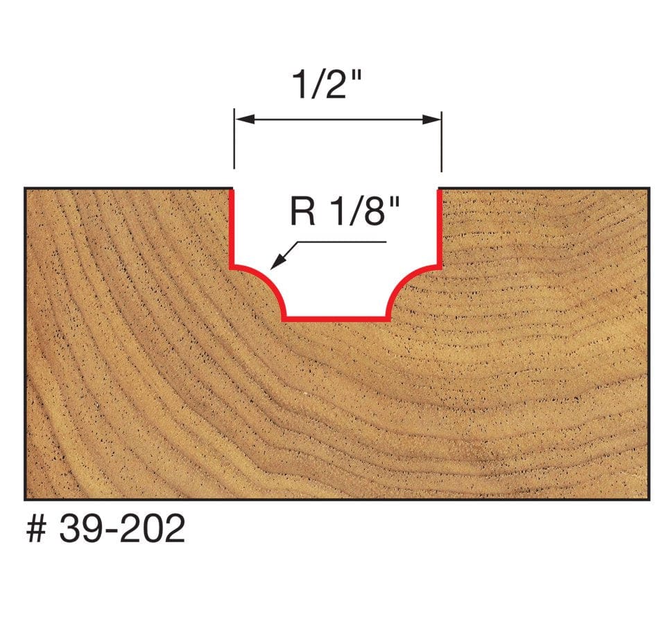 Technical profile diagram illustrating the Ovolo groove shape cut into a wood surface by the Freud 39-202 bit, specifying a 1/8 inch radius and 1/2 inch width.
