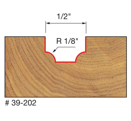 Technical profile diagram illustrating the Ovolo groove shape cut into a wood surface by the Freud 39-202 bit, specifying a 1/8 inch radius and 1/2 inch width.