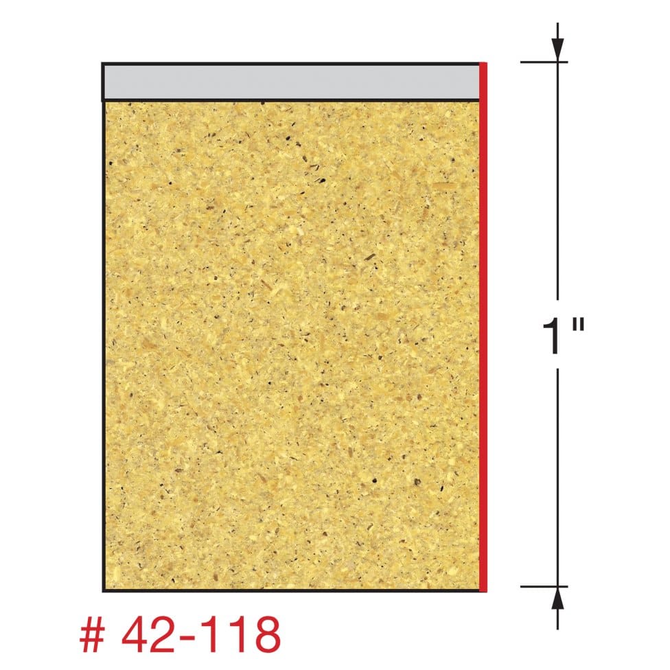 Technical profile diagram illustrating the straight flush trim cut on a laminate edge by the Freud 42-118 bit, specifying a 1 inch cutting height.