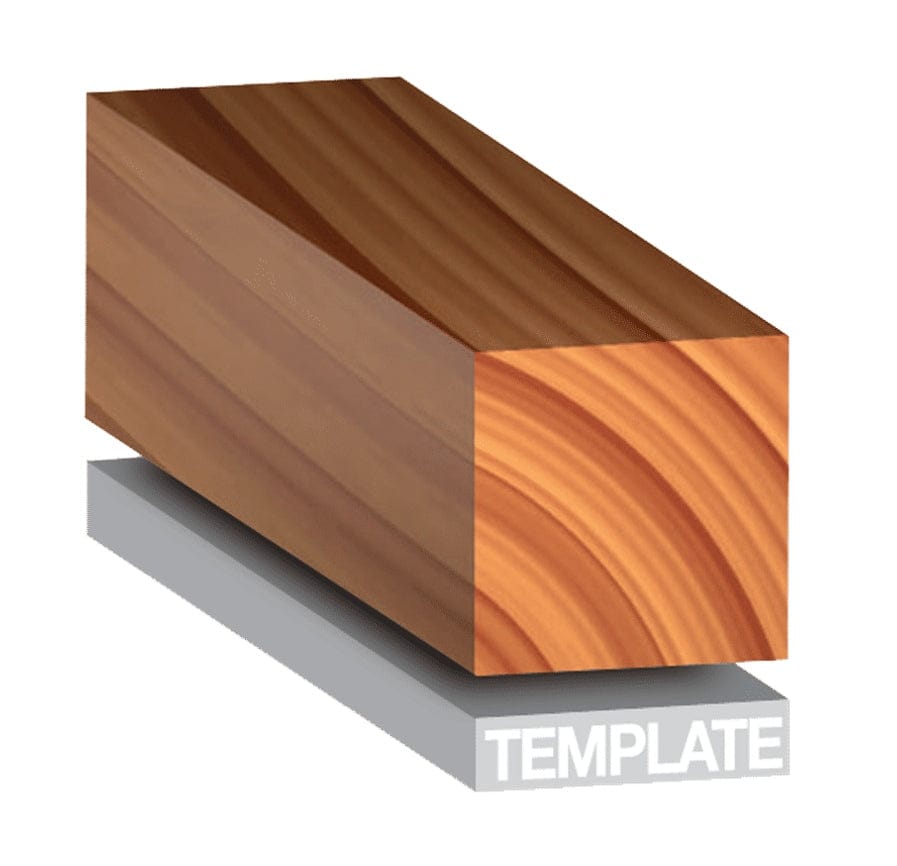3D illustration demonstrating pattern routing where a wooden workpiece is trimmed to exactly match the shape of a template guide placed below it.