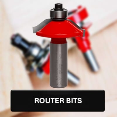 Red and gray router bit with blurred background of more router bits.