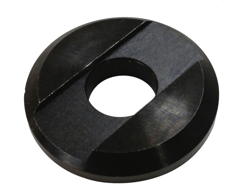 A black metal circular ring with a central hole and a diagonal slot, shown on a plain white background.