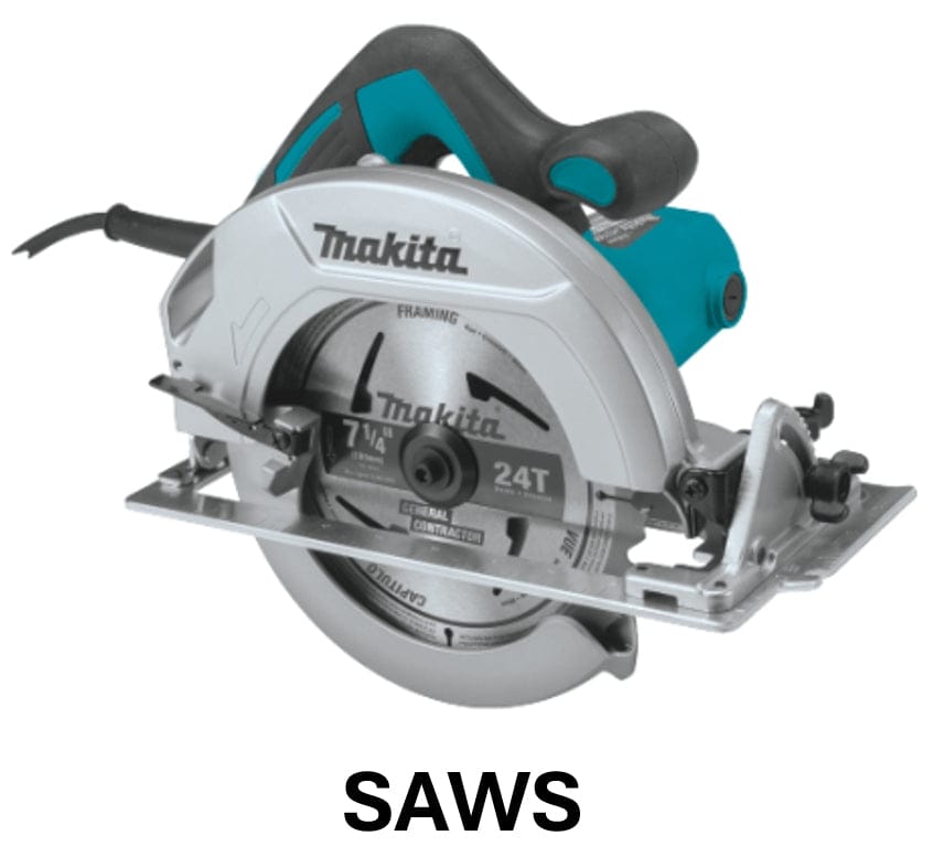 A Makita circular saw power tool, corded, on a white background