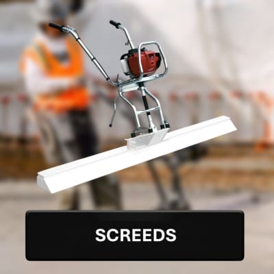 Concrete screed tool with a blurred construction worker in the background, labeled 'Screeds'.
