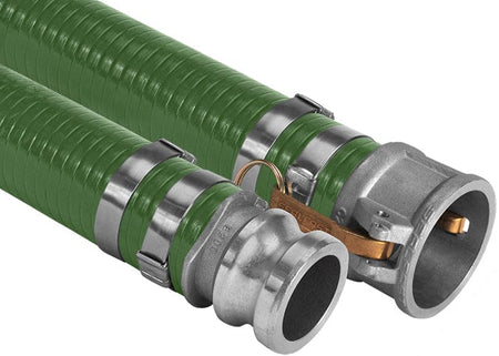 Seal Fast green PVC suction hose pipe conduit assemblies featuring rigid white helix reinforcement and fitted with preformed stainless steel punch clamps. The foreground assembly shows a heavy-duty industrial aluminum quick connect male adapter coupling fitting, while the background assembly displays a matching female coupler camlock fitting with a brass safety handle lever, optimized for fluid agricultural and chemical transfer line protection.