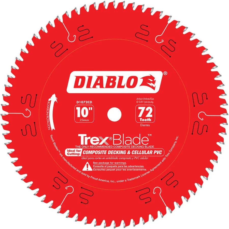 A red circular saw blade with silver teeth, featuring the brand name 'DIABLO' and product details for a 10-inch composite decking and cellular PVC blade with 72 teeth.