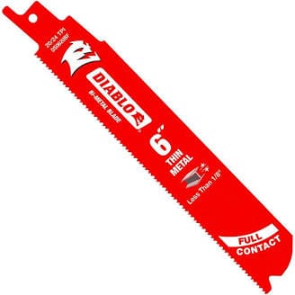 A bright red reciprocating saw blade is positioned diagonally against a plain white background.