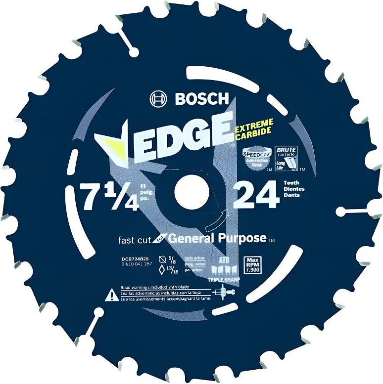 Bosch 7 1/4 inch 24-tooth circular saw blade in dark blue with white and yellow text, shown on a plain white background.