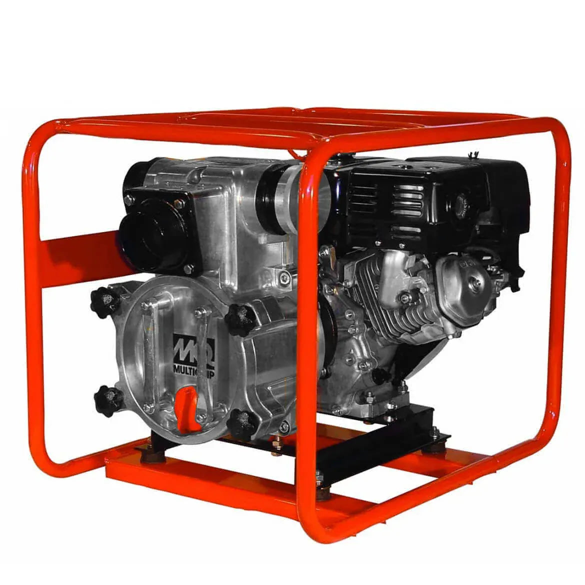 This image shows a portable, gasoline-powered water pump. The pump and engine assembly are made of black and silver metal and are mounted inside a protective, reddish-orange tubular steel frame that also functions as a carry handle.