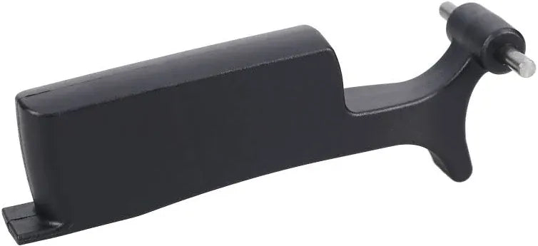 A black plastic mounting bracket or arm with a threaded metal rod extending from one end, shown on a plain white background.