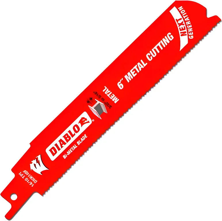 A bright red reciprocating saw blade is positioned diagonally against a plain white background.