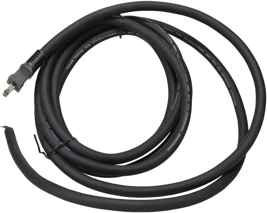 This studio shot features a heavy-duty, black coiled electrical cord laid out against a plain white background. A molded black plug connector is attached to the upper left end, while the opposite end shows exposed inner wires extending from the outer black insulation.   
