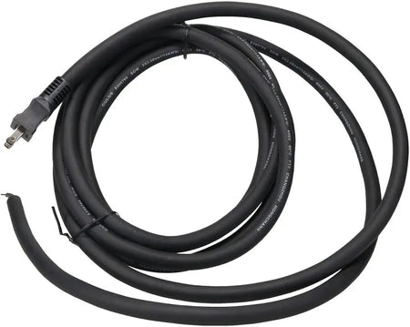 This studio shot features a heavy-duty, black coiled electrical cord laid out against a plain white background. A molded black plug connector is attached to the upper left end, while the opposite end shows exposed inner wires extending from the outer black insulation.   