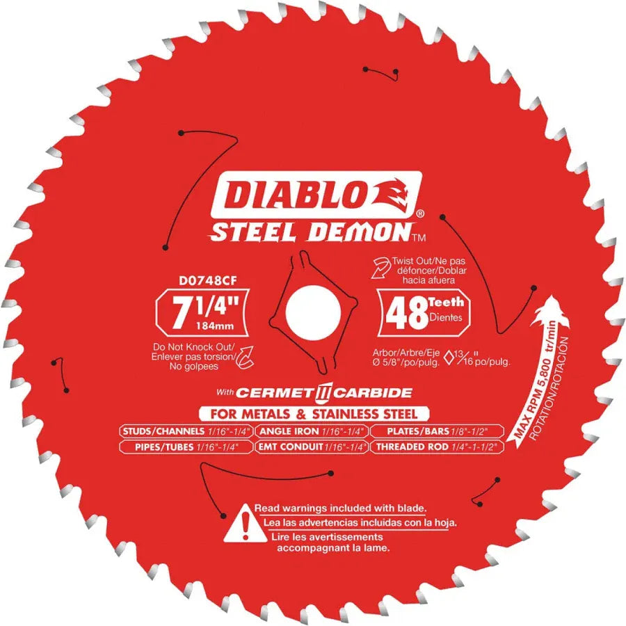 A red circular saw blade with white text and graphics, branded Diablo Steel Demon. The blade is labeled as a 7 1/4 inch (184mm) cordless miter saw blade with 48 teeth, made of cermet carbide for metals and stainless steel.