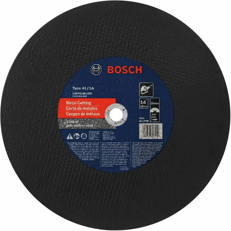 A circular Bosch Type 4J/1A metal cutting wheel with a textured black abrasive outer ring and a blue center label featuring the red Bosch logo.