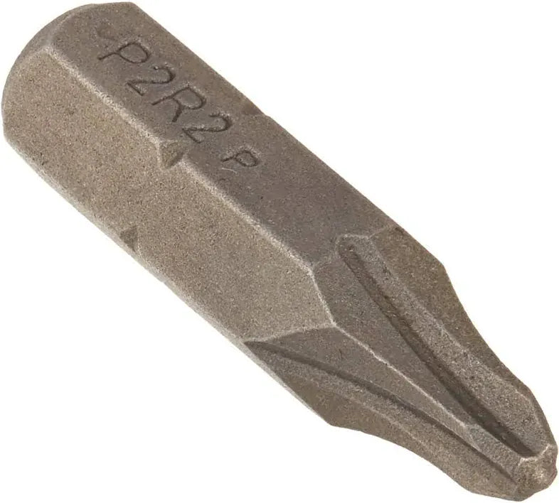A metallic flathead screwdriver bit with a hex shank, featuring the stamped text 'P2R2 P' on its side, shown against a plain white background.