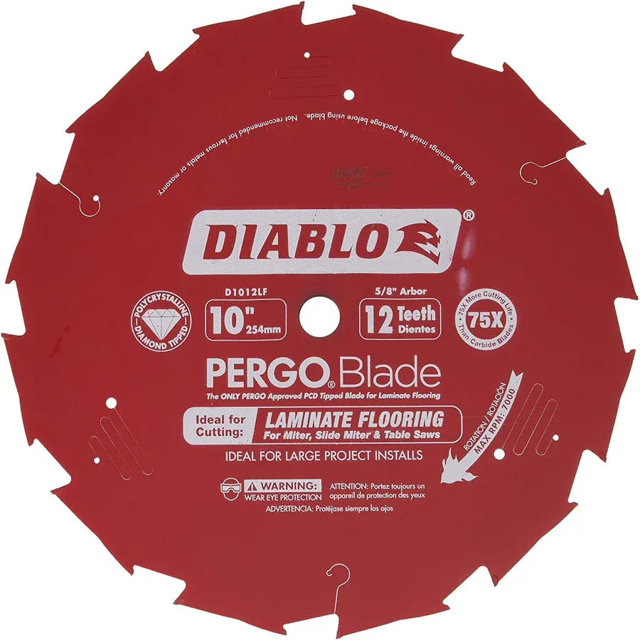 A red circular saw blade with white printed text and graphics, branded DIABLO and labeled PERGO Blade, shown on a plain white background.