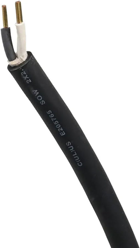 A close-up of a black electrical cable with two exposed inner wires, one white and one gold-toned, on a plain white background. White printed text on the cable reads 'cylindex' and 'EC20575'.
