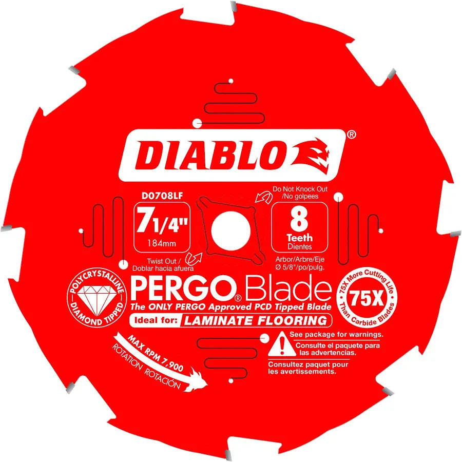 A red circular saw blade with printed white text and graphics, including the brand name DIABLO and model PERGO Blade, shown on a plain white background.