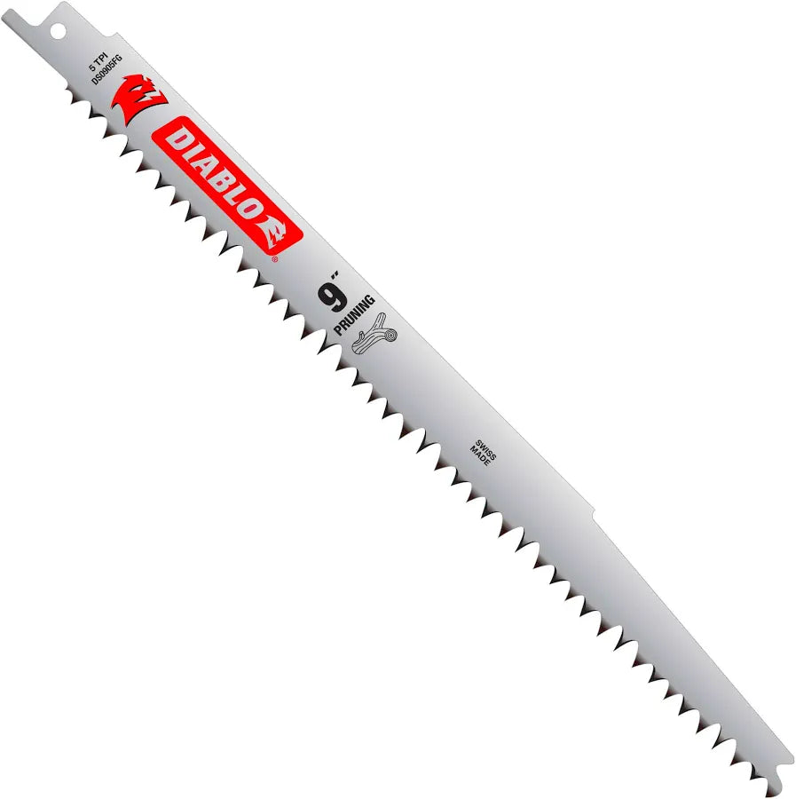 A silver-colored reciprocating saw blade is positioned diagonally against a plain white background.