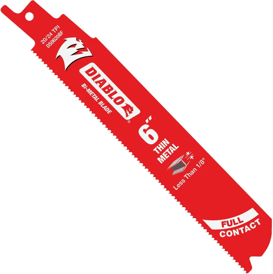 A bright red reciprocating saw blade is positioned diagonally against a plain white background. Near the top left mounting tang, white text reads "20/24 TPI DS0620BF," while just below, the white Diablo demon head logo and the bold white word "DIABLO" appear inside a rounded rectangle alongside the words "BI-METAL BLADE". Large white text in the middle indicates "6" THIN METAL" next to a small graphic illustrating material less than 1/8 inch thick, and near the bottom rounded tip, white text inside a curved