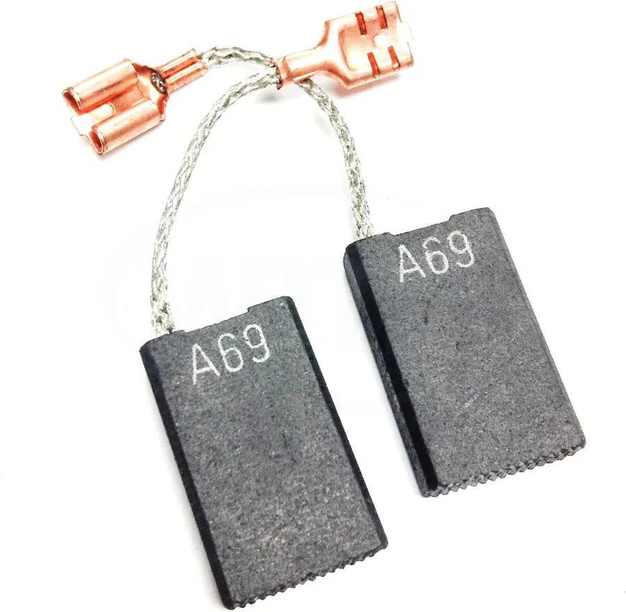 Two black rectangular replacement carbon paper pads labeled 'A69' with copper-colored metal connector ends and a short braided wire, shown on a white background.