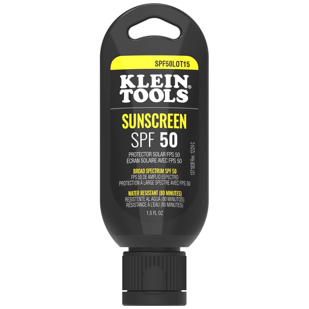Klein Tools sunscreen bottle with SPF 50 on a white background