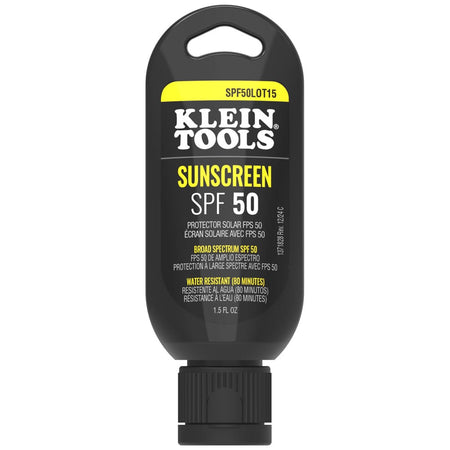 Klein Tools sunscreen bottle with SPF 50 on a white background